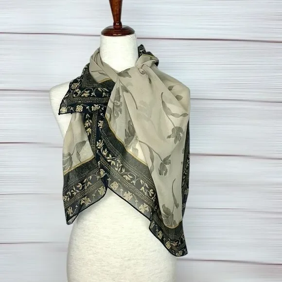 Silk Crepe Square Scarf Taupe Gray Floral Print Hand Rolled 41x41 inches - Picture 5 of 11
